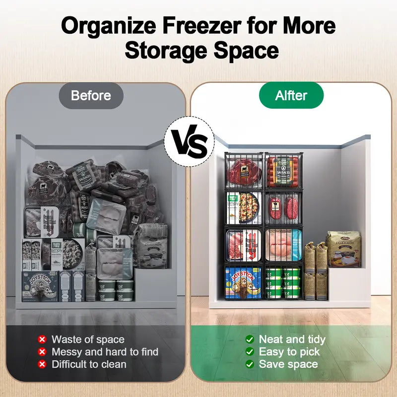 Space-Saving Freezer Storage Bins with Handles (Pack of 2/4/6/8) — Stackable, open-design, high load-bearing, rust-resistant, and ventilated; designed for chest freezers and kitchen use